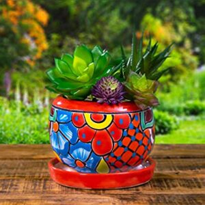 Enchanted Talavera Ceramic Succulent Pot Small Flower Planter Cactus Bonsai Pot W/Drainage Home Garden Office Desk Décor Gift (Small 4.5" x 4" with Saucer, Red)