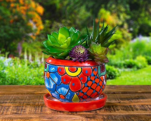 Enchanted Talavera Ceramic Succulent Pot Small Flower Planter Cactus Bonsai Pot W/Drainage Home Garden Office Desk Décor Gift (Small 4.5" x 4" with Saucer, Red)