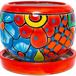 Enchanted Talavera Ceramic Succulent Pot Small Flower Planter Cactus Bonsai Pot W/Drainage Home Garden Office Desk Décor Gift (Small 4.5" x 4" with Saucer, Red)