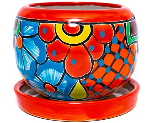 Enchanted Talavera Ceramic Succulent Pot Small Flower Planter Cactus Bonsai Pot W/Drainage Home Garden Office Desk Décor Gift (Small 4.5" x 4" with Saucer, Red)