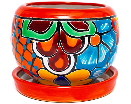 Enchanted Talavera Ceramic Succulent Pot Small Flower Planter Cactus Bonsai Pot W/Drainage Home Garden Office Desk Décor Gift (Small 4.5" x 4" with Saucer, Red)