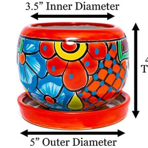 Enchanted Talavera Ceramic Succulent Pot Small Flower Planter Cactus Bonsai Pot W/Drainage Home Garden Office Desk Décor Gift (Small 4.5" x 4" with Saucer, Red)