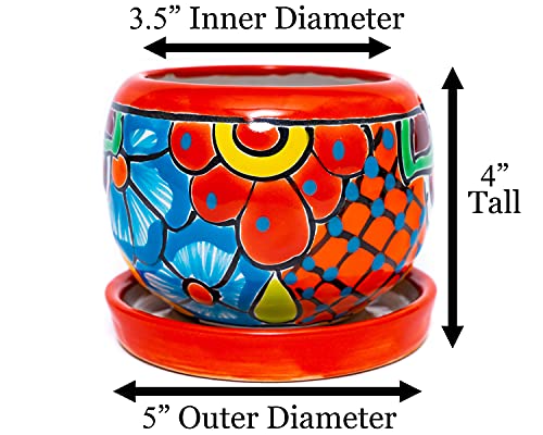 Enchanted Talavera Ceramic Succulent Pot Small Flower Planter Cactus Bonsai Pot W/Drainage Home Garden Office Desk Décor Gift (Small 4.5" x 4" with Saucer, Red)