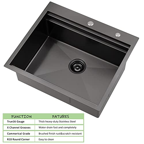 25 Black Drop In Kitchen Sink Workstation-Wesliv 25x22x10 Topmount Drop In Kitchen Sink Black Stainless Steel Sink Double Ledges Workstation Sink 16 Gauge Single Basin Kitchen Sink with Accessories