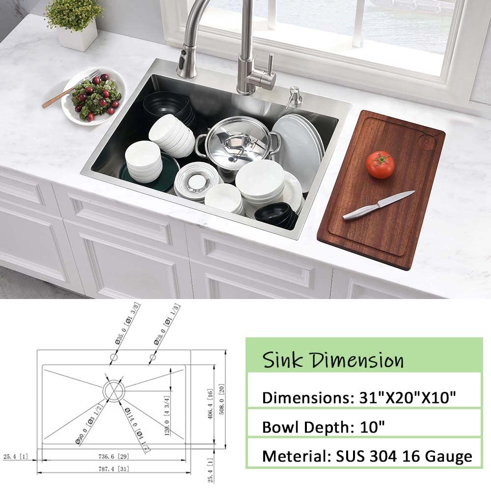 Wesliv 31 Inch Drop In Kitchen Sink,Wesliv 31x20x10 Topmount Sink 16 Gauge Stainless Steel Single Bowl Kitchen Sink 10 Inch Deep Handmade Kitchen Sink with Bottom Grid