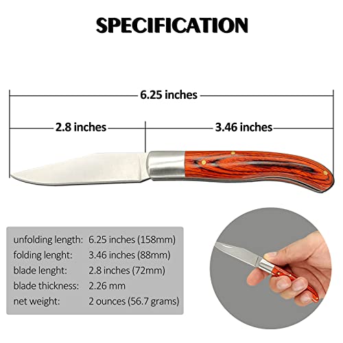 GAJING Well-polished Red Cherry Wood Handle Small Pocket Knife for Women/Men with 3 inches blade,Old Timer's Traditional Barlow Folding Slipjoint EDC Knife