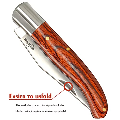 GAJING Well-polished Red Cherry Wood Handle Small Pocket Knife for Women/Men with 3 inches blade,Old Timer's Traditional Barlow Folding Slipjoint EDC Knife