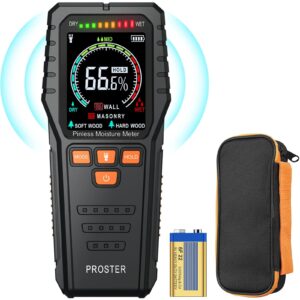 proster pinless wood moisture meter, non-destructive moisture tester for wood wallboard masonry;detect up to 3/4 inch below surface, backlit color lcd , visual/audible alarm, with storage case