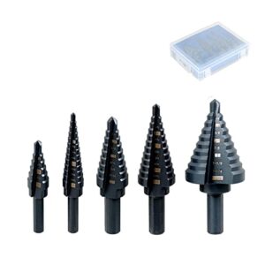 findmall 5pcs step drill bit set 50 sizes 1/8-1-3/8 inch m2 high speed steel black oxide step drill bit fit for electrical plumbing and diy lovers