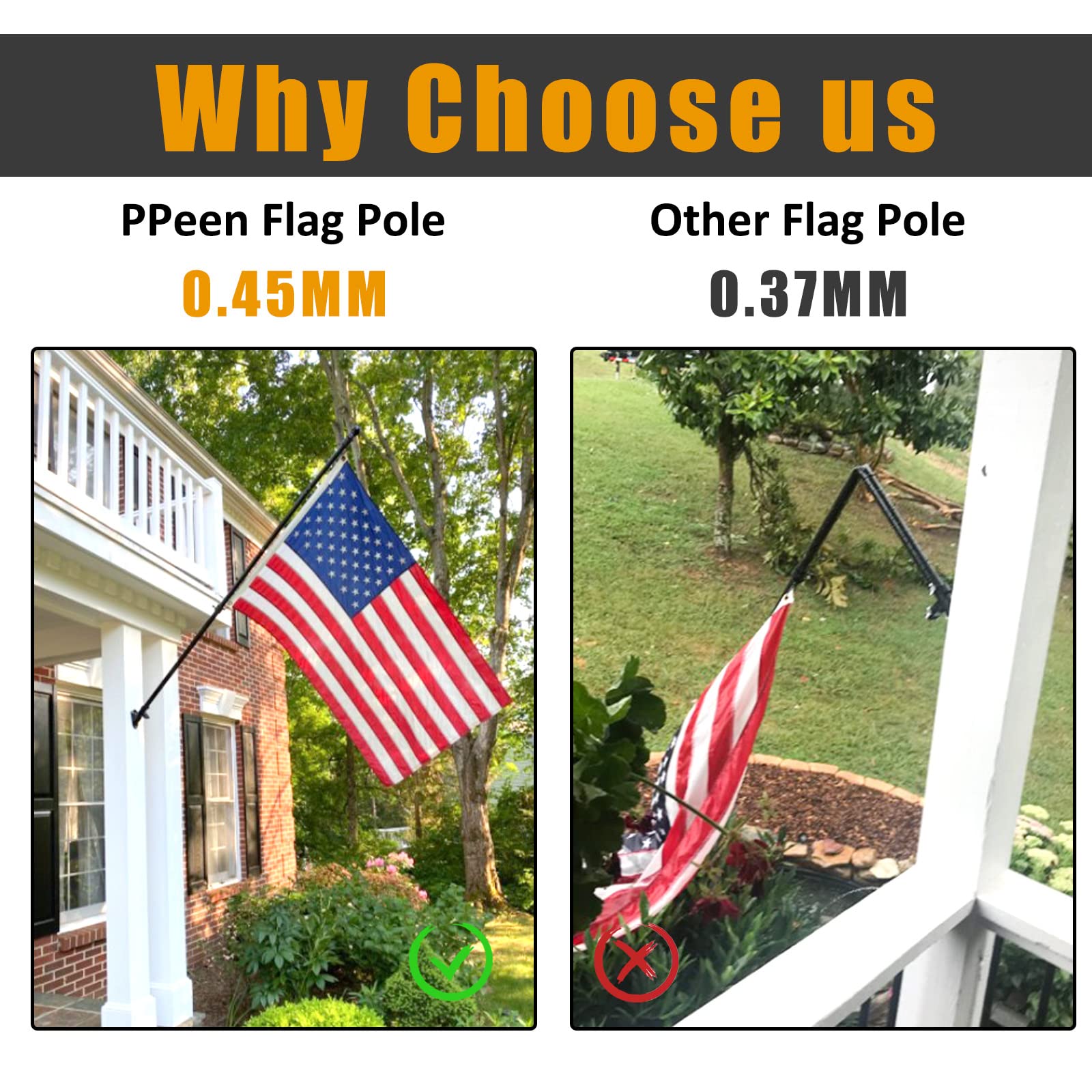 PPeen Flag Pole Kit for Outside House 6ft Stainless Steel Black Flagpole Wall Mounted Tangle Free American Flagpole for Residential Porch Garden Yard Truck Boat Commercial(only flagpole)