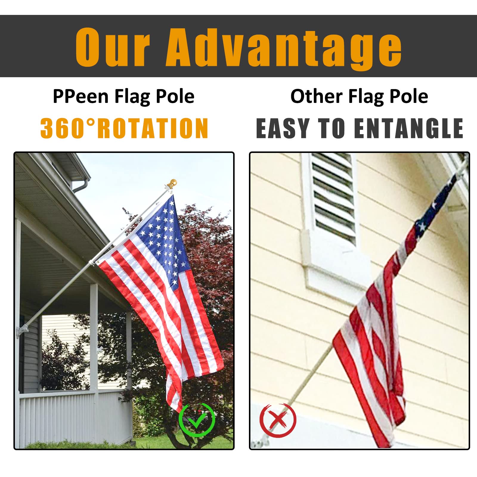 PPeen Flag Pole Kit for Outside House 6ft Stainless Steel Black Flagpole Wall Mounted Tangle Free American Flagpole for Residential Porch Garden Yard Truck Boat Commercial(only flagpole)