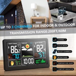 KALEVOL Weather Station Indoor Outdoor Thermometer Wireless Color Display Digital Temperature Humidity Monitor, Weather Thermometer Forecast Station with Atomic Clock and Adjustable Backlight