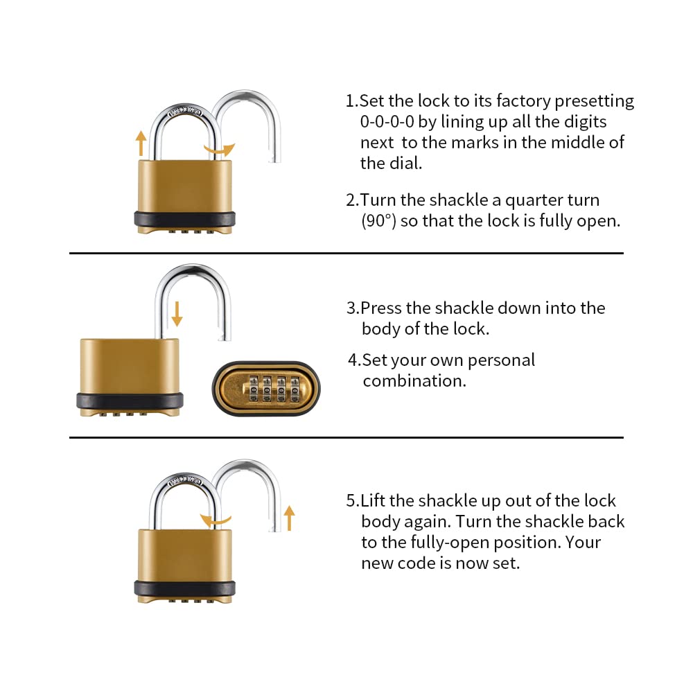 CINCINNO 4 Digit Combination Lock, Heavy Duty Combination Padlock with Long Shackle Combo Padlock for Outdoor Use ,Sheds, Locker, Storage Unit, Gym and Gate