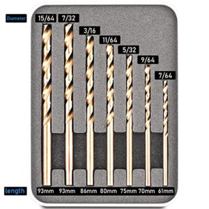 Wseksa M35 Cobalt Drill Bit Set 15/64,7/32,3/16,11/64,5/32,9/64,7/64 inch for Hardened Metal, Stainless Steel, Cast Iron and Wood Plastic with Metal Drill Bit Organizer (7 pcs Cobalt)