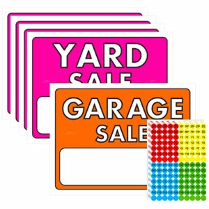 5-pack double-sided yard sale sign kits with 1400 pcs sale pricing stickers, large font, fluorescent neon color, all-weather plastic-coated signs for yard garage sale