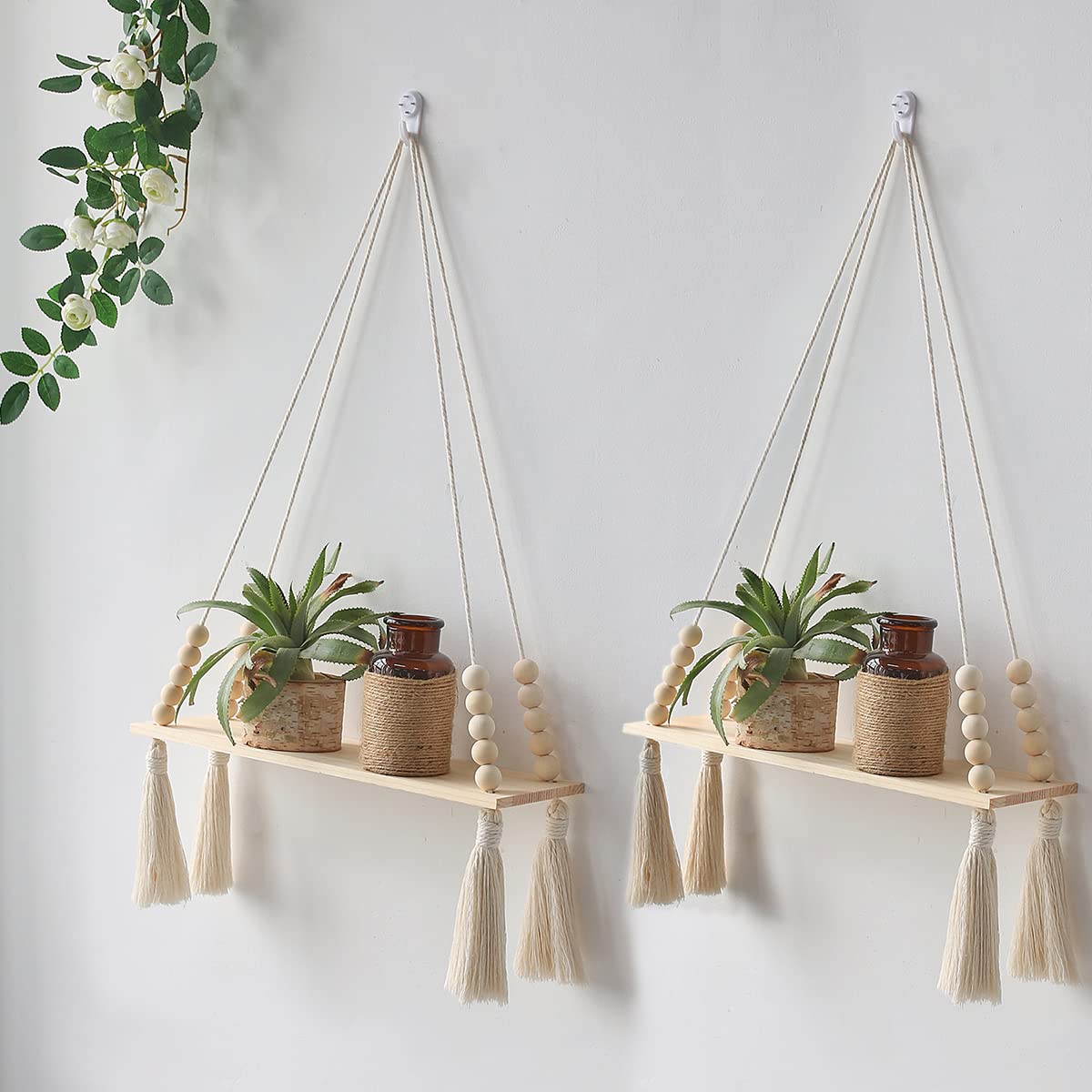 Artilady 2 Pack Wooden Wall Hanging Shelves - Macrame Hanging Plant Shelf with Tassel,Boho Storage Floating Shelves Handmade Rustic Hanger Planter Rack Pot Stand Holder (2 Tassel)