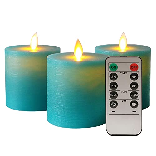 Kitch Aroma Teal Flameless Candles D 3.15" H 3.15", Teal Candles Battery Operated LED Pillar Truquoise Flameless Candles for Home Decoration