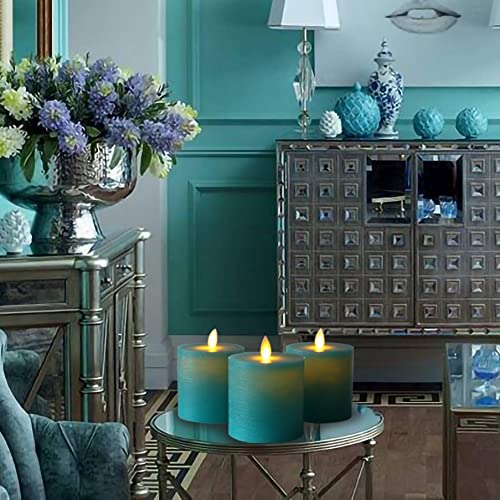 Kitch Aroma Teal Flameless Candles D 3.15" H 3.15", Teal Candles Battery Operated LED Pillar Truquoise Flameless Candles for Home Decoration