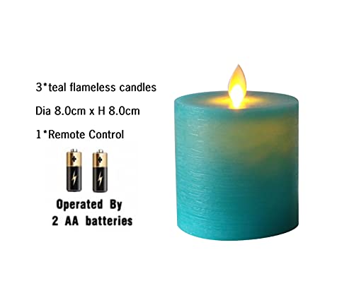 Kitch Aroma Teal Flameless Candles D 3.15" H 3.15", Teal Candles Battery Operated LED Pillar Truquoise Flameless Candles for Home Decoration