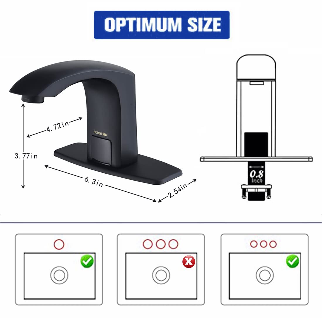 BODQEMR Automatic Sensor Touchless Bathroom Sink Faucet Black Single Hole Hands-Free Battery Powered Solid Brass Faucet with Deck Plate, Control Box and Temperature Mixer