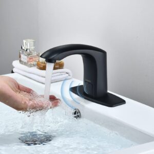 BODQEMR Automatic Sensor Touchless Bathroom Sink Faucet Black Single Hole Hands-Free Battery Powered Solid Brass Faucet with Deck Plate, Control Box and Temperature Mixer