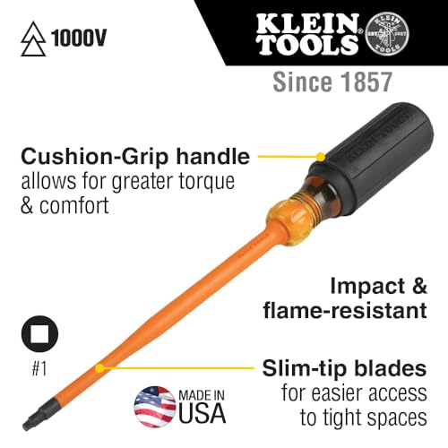 Klein Tools 6984INS Insulated Screwdriver, 1000V Slim Profile Tip, #1 Square with 4-Inch Shank, Cushion-Grip Handle