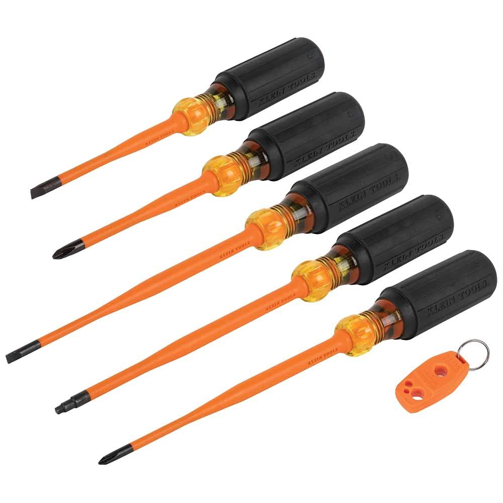 Klein Tools 33736INS Insulated Screwdriver Set, 1000V Slim-Tip Driver with Phillips, Cabinet and Square Bits and a Magnetizer, 6-Piece