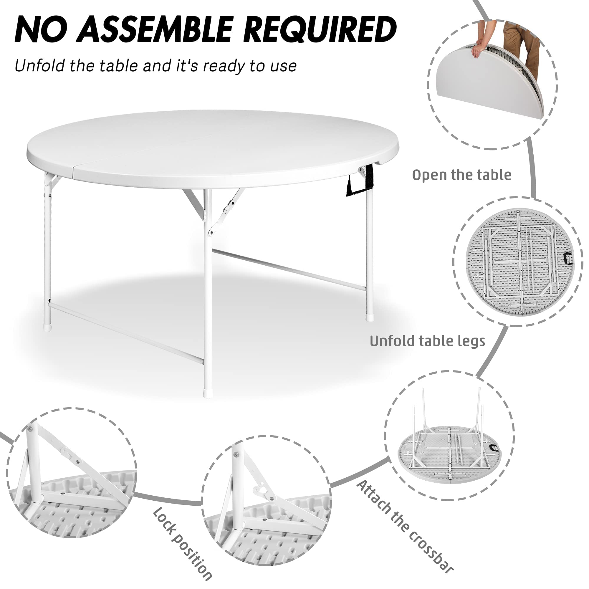 Vilobos White Patio Plastic Folding Table, 65” Dia Round Dining Table Comfortable for 8 to 10 Seat, Portable Table for Party Banquet Conference Wedding Festival Events