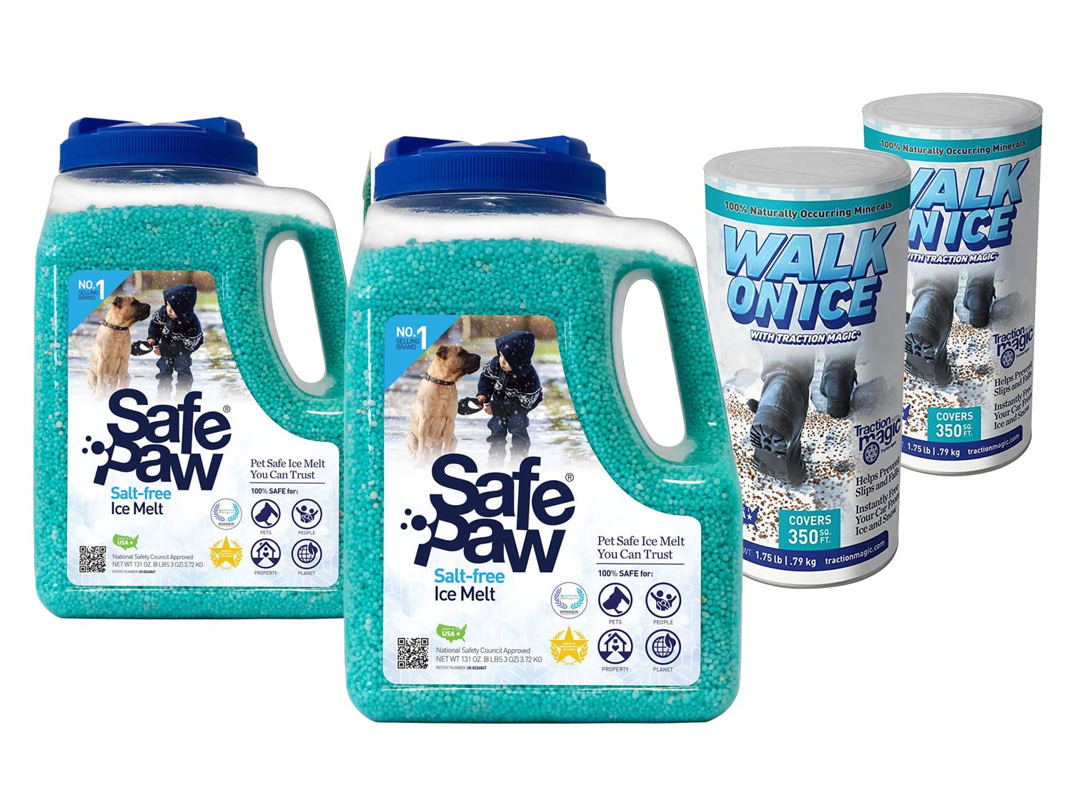 Safe Paw & Traction Magic Walk on Ice Combo for Instant Grip and Ice Melt, Child Plant Dog Paw & Pet Safe, Vet Approved, Non-Toxic,100% Salt & Chloride Free(2 Jug +2 Can)