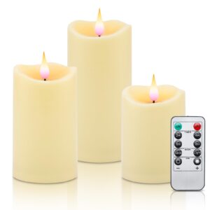 bighfue flameless candles battery operated candles led candles pillar candle flame 3 packs(d3 x h4 5" 6") with flickering led candles flames & 10-key remote