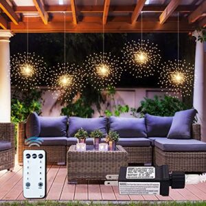 pxbniuya 5 pack 1000led plug in starburst sphere lights,firework lights 8 modes dimmable remote control waterproof hanging fairy light, copper wire lights for patio party tent christmas (warm white)