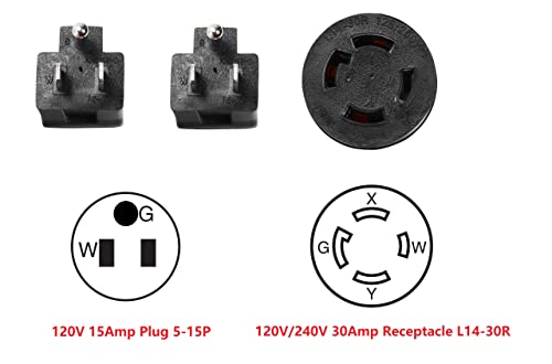 ONETAK NEMA 2 Port 5-15P 3 Prong Plug Male Household to L14-30R 4 Prong Female Receptacle Twist Lock Y Combiner STW 3 Feet 120V/240V 30 Amp Generator Welder Dryer Power Cord Adapter