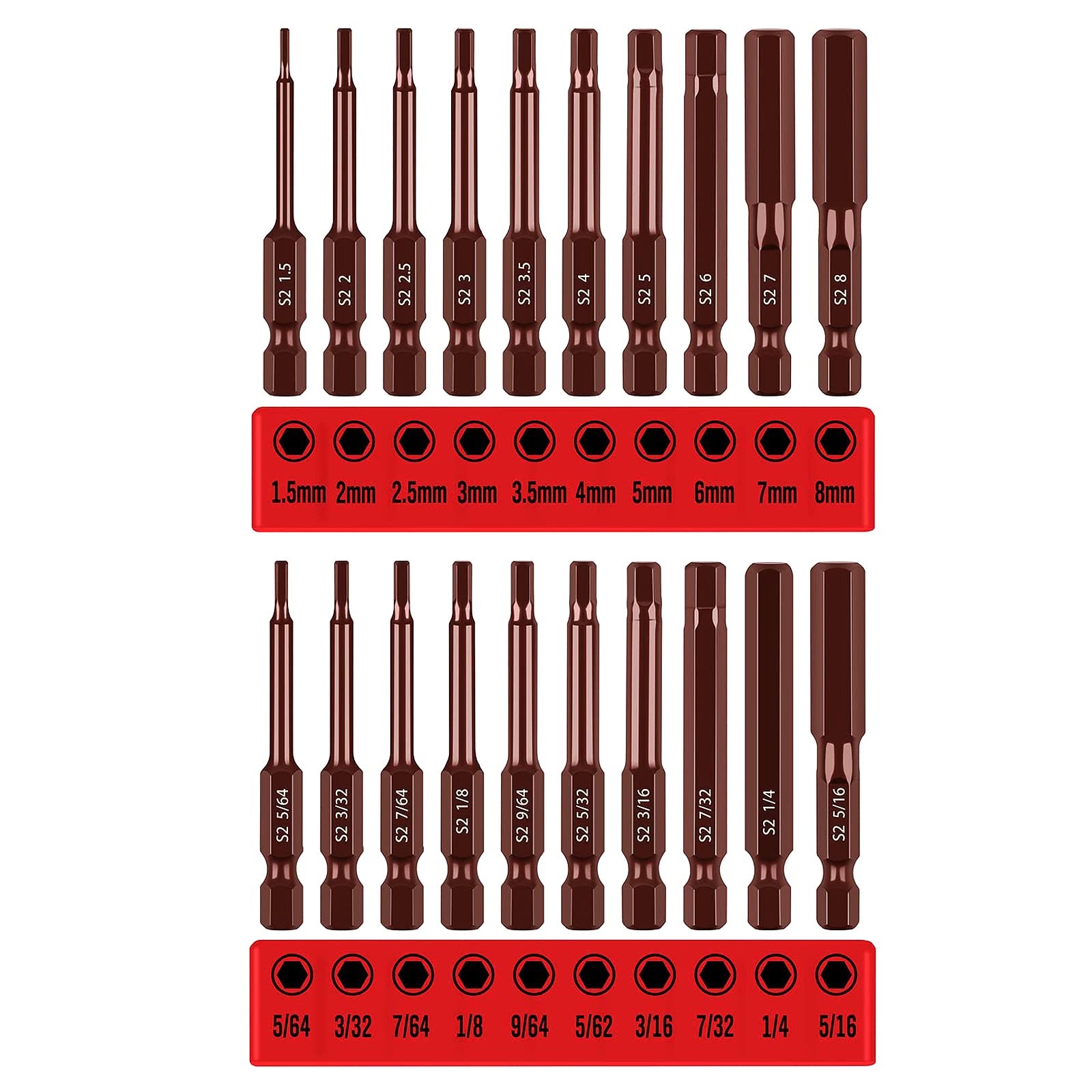 Premium 20-Piece Hex Bit Set - Durable S2 Steel, 2.3" Allen Key Bits, SAE and Metric Hex Key Set, Hardened Magnetic Tips, Corrosion Resistant Allen Bit Set