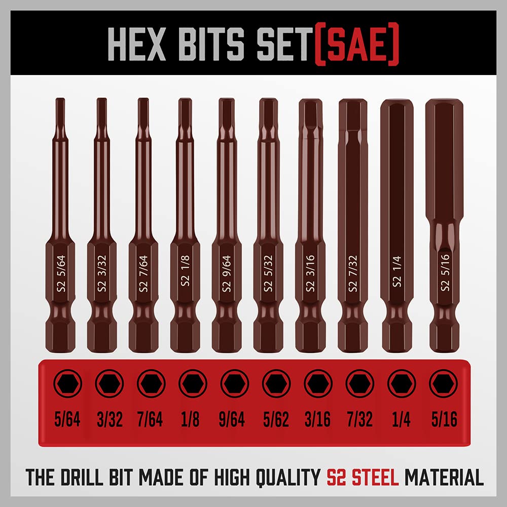 Premium 20-Piece Hex Bit Set - Durable S2 Steel, 2.3" Allen Key Bits, SAE and Metric Hex Key Set, Hardened Magnetic Tips, Corrosion Resistant Allen Bit Set