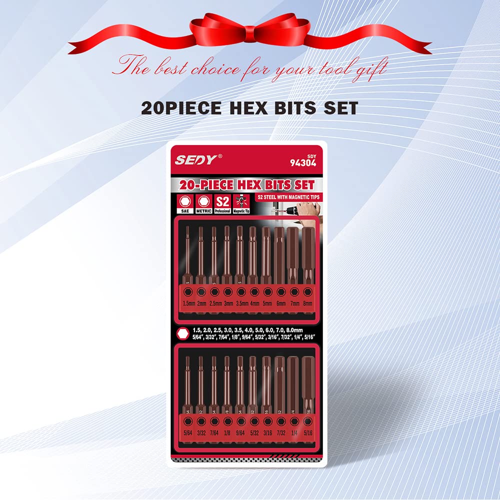 Premium 20-Piece Hex Bit Set - Durable S2 Steel, 2.3" Allen Key Bits, SAE and Metric Hex Key Set, Hardened Magnetic Tips, Corrosion Resistant Allen Bit Set