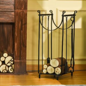 Outsunny Firewood Rack with Fireplace Tools, Indoor Outdoor Firewood Holder, 30.25" Tall Build with 2-Tiers for Fireplace, Wood Stove, Hearth or Fire Pit, Includes Poker, Tongs, Broom, Shovel, Black