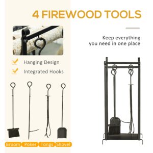 Outsunny Firewood Rack with Fireplace Tools, Indoor Outdoor Firewood Holder, 30.25" Tall Build with 2-Tiers for Fireplace, Wood Stove, Hearth or Fire Pit, Includes Poker, Tongs, Broom, Shovel, Black