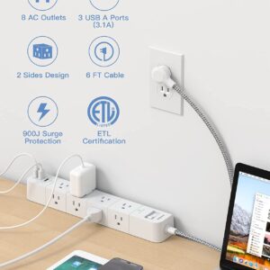 Power Strip Surge Protector - 8 Widely AC Outlets 3 USB, 6 ft Extension Cord, Flat Plug, Desktop Charging Station with Overload Protection, Wall Mount for Home, Office, Travel, Computer ETL Listed