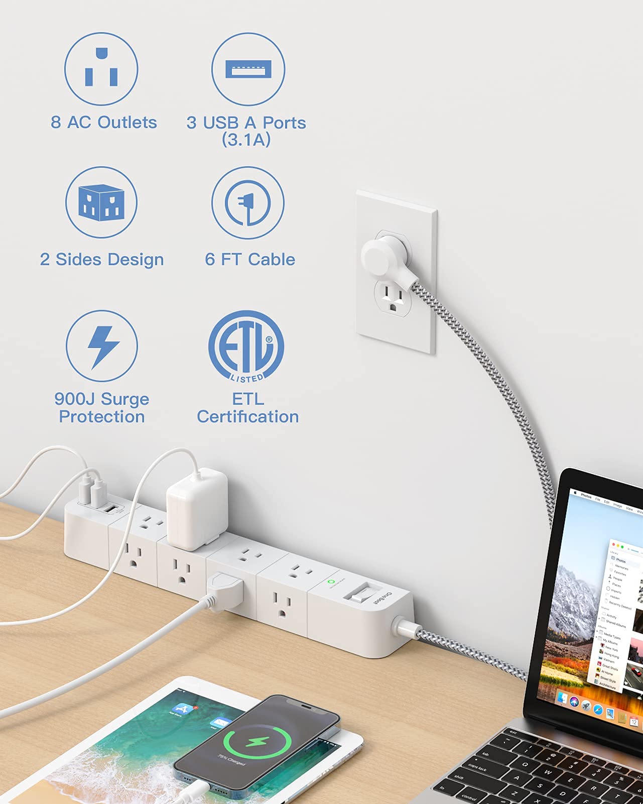 Power Strip Surge Protector - 8 Widely AC Outlets 3 USB, 6 ft Extension Cord, Flat Plug, Desktop Charging Station with Overload Protection, Wall Mount for Home, Office, Travel, Computer ETL Listed