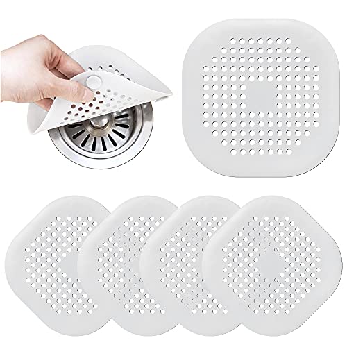 Drain Clean Cover White,Square Drain Shower Cover, Silicone Hair Stopper with Suction Cup,Easy to Install and Clean Great for Hair Loss, Suitable for Bathroom,Bathtub,Kitchen 5 Pack(White)