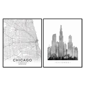 chicago skyline, chicago wall art, chicago street map, watercolor skyline print, building wall decor, office wall art, map print, set of 2 prints, 11x14 inch unframed