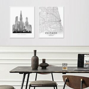 Chicago Skyline, Chicago Wall Art, Chicago Street Map, Watercolor Skyline Print, Building Wall Decor, Office Wall Art, Map Print, Set of 2 Prints, 11X14 Inch Unframed