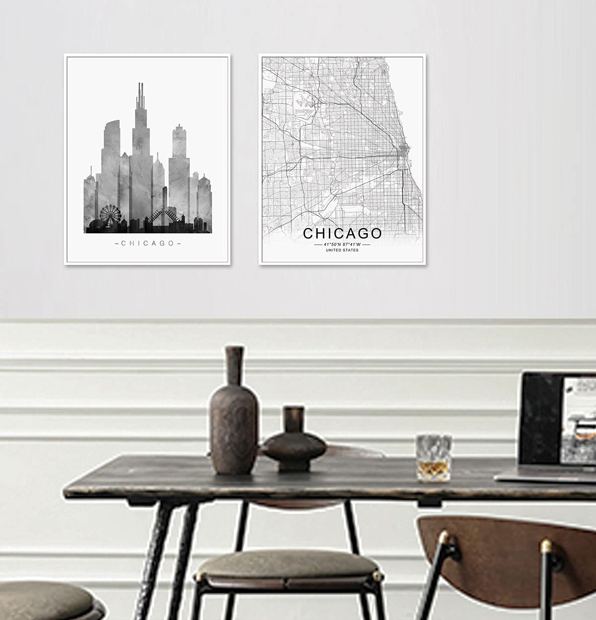 Chicago Skyline, Chicago Wall Art, Chicago Street Map, Watercolor Skyline Print, Building Wall Decor, Office Wall Art, Map Print, Set of 2 Prints, 11X14 Inch Unframed