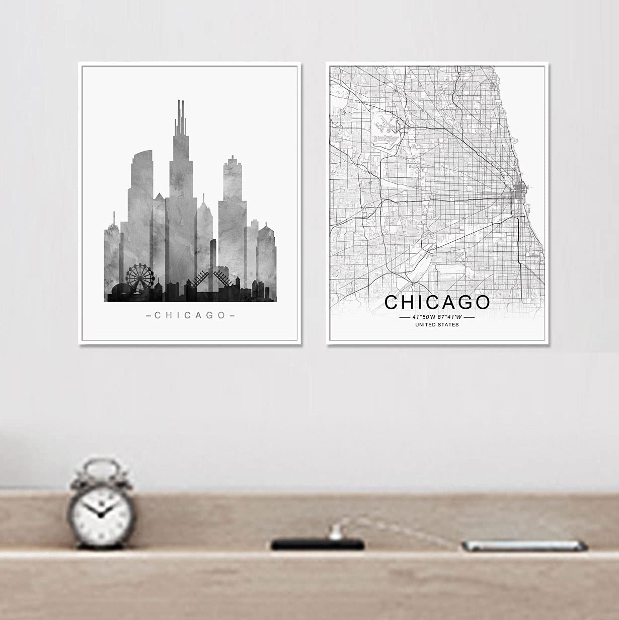 Chicago Skyline, Chicago Wall Art, Chicago Street Map, Watercolor Skyline Print, Building Wall Decor, Office Wall Art, Map Print, Set of 2 Prints, 11X14 Inch Unframed