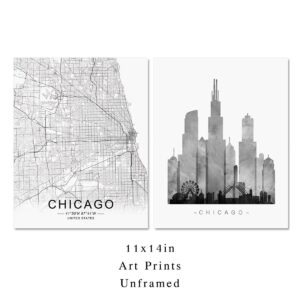 Chicago Skyline, Chicago Wall Art, Chicago Street Map, Watercolor Skyline Print, Building Wall Decor, Office Wall Art, Map Print, Set of 2 Prints, 11X14 Inch Unframed