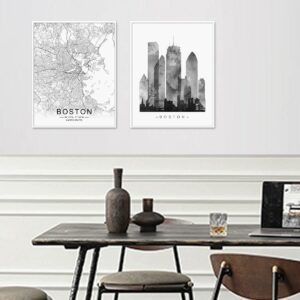 Boston Skyline, Boston Wall Art, Boston Street Map, Watercolor Skyline Print, Building Wall Decor, Office Wall Art, Boston Map Print, Set of 2 Prints, 11X14 Inch Unframed