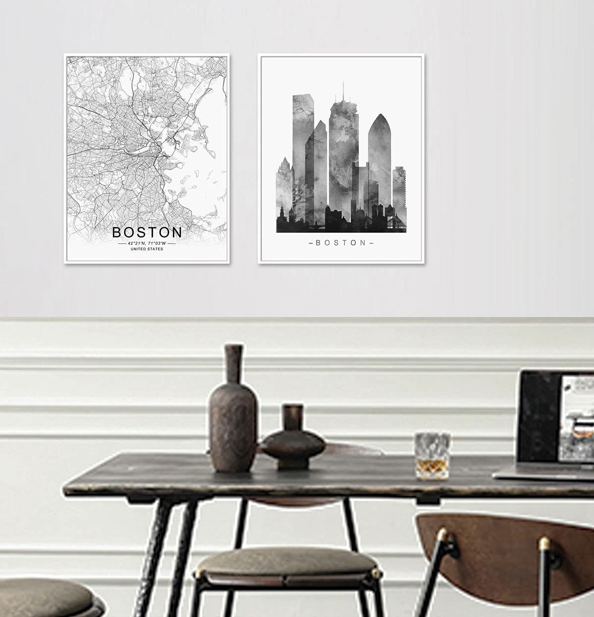 Boston Skyline, Boston Wall Art, Boston Street Map, Watercolor Skyline Print, Building Wall Decor, Office Wall Art, Boston Map Print, Set of 2 Prints, 11X14 Inch Unframed