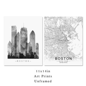 Boston Skyline, Boston Wall Art, Boston Street Map, Watercolor Skyline Print, Building Wall Decor, Office Wall Art, Boston Map Print, Set of 2 Prints, 11X14 Inch Unframed