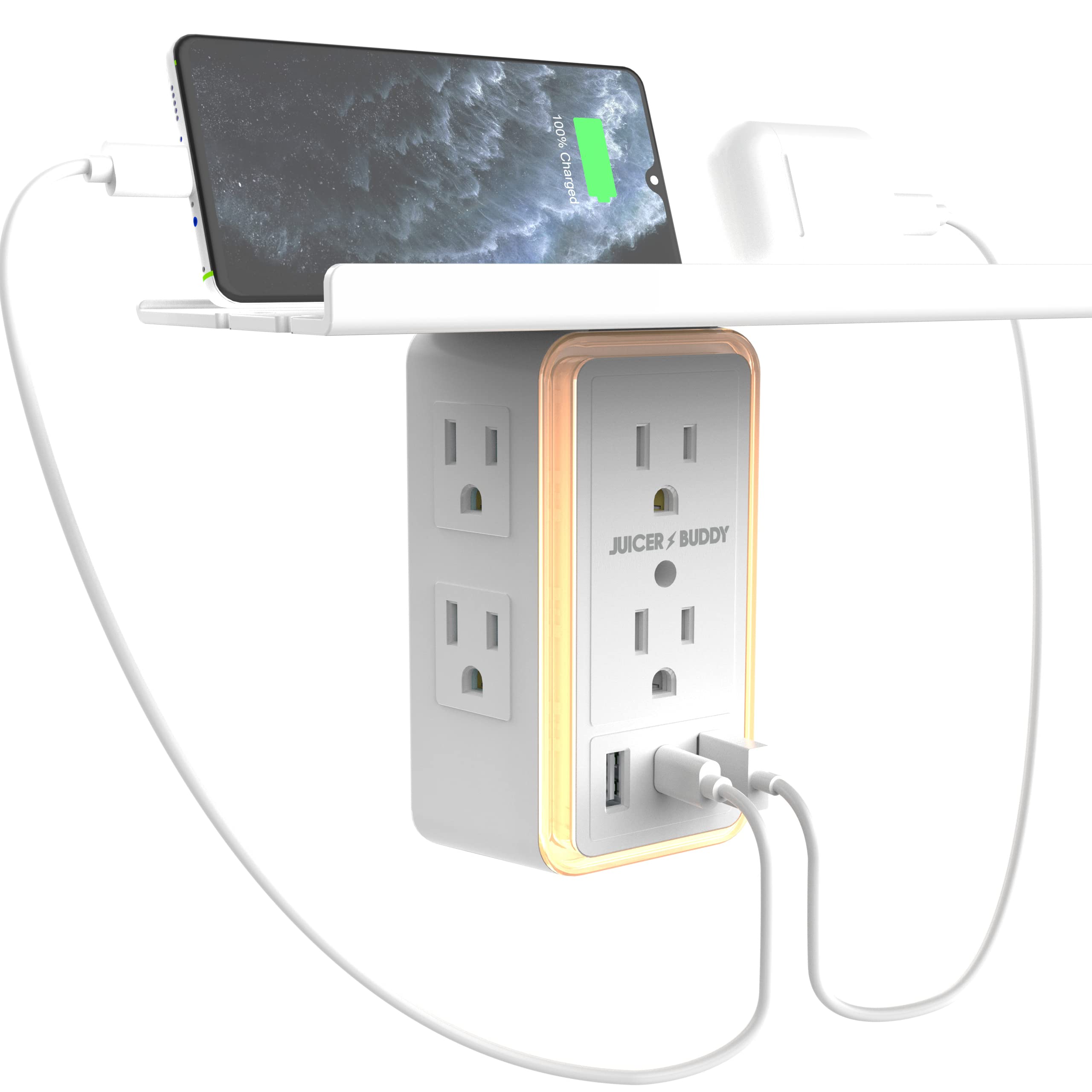 Juicer Buddy USB C Wall Charger, Smart Night Light, Surge Protector, 6 Outlet Extender, Power Strip Adapter, Outlet Expander, Outlet Shelf, Phone Holder, Socket shelf