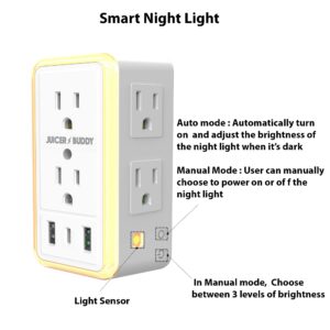 Juicer Buddy USB C Wall Charger, Smart Night Light, Surge Protector, 6 Outlet Extender, Power Strip Adapter, Outlet Expander, Outlet Shelf, Phone Holder, Socket shelf